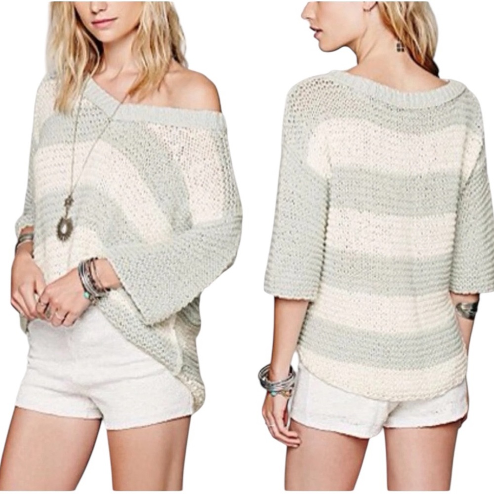 Free People V-Neck Sweater 3/4 Long Sleeve Green Cream Cotton Stripe Block Top M